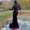2021 Arabic Mermaid Evening Dress Long Sleeve Side Split Morocco Kaftan Soft Velvet Prom Dresses Long Women Party Gowns