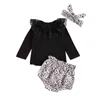 0-2Y Höst Winter Toddler Born Barnbarn Tjej Kläder Set Lace Stickade Tröjor Ruffles Leopard Shorts Outfits 210515