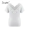 White lace hollow out women t-shirt summer V neck fashion slim tops casual Spring flower stitching business tshirts 210414