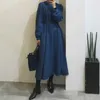 Aelegantmis Vintage Long Denim Dress Women Puff Sleeve Lösa Klänningar Kvinna O Neck En Linje Vestidos Fashion Sashes 210607