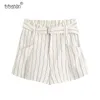 Kvinnor Elegant Mode Striped Shorts With Belt Vintage Zipper Fly Fickor Korta Byxor Ladies Chic Pantalones Cortos 210520