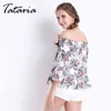 Dames zomer blouses off shoulder tops vrouwelijke witte chiffon floral print top femme ruche blouse en shirts bloem vrouwen 210514