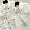 Fashion Designer Tweed Patchwork Chiffon Camisa Blusa Mulheres Vintage Manga Longa Chain de Ouro Pérolas Tecer Borlas Bolso Tops 210416