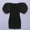 Kvinnor Bandage Dress Sexig Black Puff Sleeve Bodycon Party Club Celebrity Clothing ES 210515