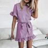 Été violet à manches courtes à volants Mini robe mode femmes décontracté ample maison Sports couleur unie femmes maillots de bain