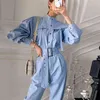 Korean retro elegant stand-up collar single-breasted waist slim straight tooling long jumpsuit with belt women fashion 210508