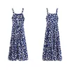 Blue Floral Print Slash Neck Tank Fit And Flare Midi Dress Mid Calf Summer Empire Wristlets D1688 210514