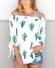 Women's Blouses Women's & Shirts Hitmebox 2022 Summer Autumn Womens Cactus Foral Printed Off The Shoulder 3/4 Long Sleeve Tie Up Cuff