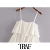 TRAF Women Sweet Fashion Ruffle Trim Mini Dress Vintage Collo dritto senza maniche Cinghie sottili Abiti femminili Mujer 210415