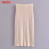 Tangada Women Beige Knit Midi Skirt Faldas MujerヴィンテージサイドボタンオフィスレディースエレガントなシックミッドカーフスカートSW40 210609