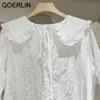 Qoerlin Korean Doll Collarシャツ甘い日本のシングルブレストレースホローかぎ針編みブラウス女性アプリコットホワイトトップ210412