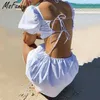 MSFYCY Summer Bomull Mini Dress Kvinnor Sexig Backless Kort Puff Sleeve Vestido de Mujer Boho Casual Robes 210604