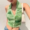 Top corto de punto Y2K para mujer, cuello Halter, espalda descubierta, verano, verde, V, informal, sin mangas, Vintage, Sexy, camisetas sin mangas, ropa de calle 210427