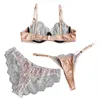 Women's eyelashes lace stitching sexy underwear underwire bra and panties three-piece thin mesh see-through erotic lingerie set 211104