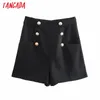 Women Elegant Black Buttons Decorate Side Zipper Pockets OL Shorts Pantalones 6P02 210416