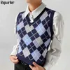 Suéter de punto a cuadros Argyle de estilo inglés para mujer, Top corto sin mangas con cuello de pico, prendas de vestir informales de otoño, Tops Y2K para mujer 210819