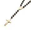 Vnox Black Gold Color Beads Long Rosary Necklace for Women Men Stainless Steel St Benedict Cross Pendant Sweater Chain Unisex