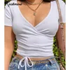 ロックモアリブディープVネックセクシーなスキニーTシャツ女性ソリッドクロップトップ半袖夏小物クロス包帯ベーシックシャツカジュアルX0628