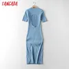 Tangada mode femmes bleu dos nu robe en tricot à manches courtes O cou dames Sexy robe mi-longue AI47 210609