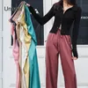 Unireal 여름 여성 넓은 다리 바지 높은 허리 새틴 바지 패션 실크 캐주얼 느슨한 검은 여성 streetwear 210925