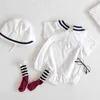 Zomer kids meisje kleding baby baby meisjes korte mouw marine wind rompertjes + hoed geboren 210429