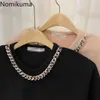 Nomikuma Korean Chic T Shirt Women Solid Color Basic Tops Chain Decoration O Neck Short Sleeve All-match Tshirt Camisetas 210514