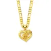 Flower Heart Pendant Italian Figaro Link Chain Necklace 18k Solid Yellow Gold GF 24" 3 mm Womens