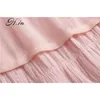 女性半袖ドレスのためのH.SA夏のピンクのドレスバックレス弓縛られたカスケードのフリル長いvestidosかわいいローブ210417