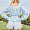 Long Sleeve Transparent Blue Blouse Tops Women Casual Pelpum Short Mesh Vintage Spring Autumn Flower Blusa Mujer 210427