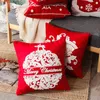 Red Christmas Embroidered Cushion Cotton Canvas Cartoon Crocheted Pillowcase Christmas Snowflake Elk Embroidered Throw Pillows 211110