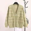 H.SA Women Winter and V neck Plaid Button Up Knit Cardigans Pink Sweater Faux Fur jacket Korean Coat 210417