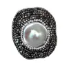 Y.YING Natural Coin White Mabe Pearl Black Rhinestone Pave Ring Adjustable