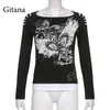 Dames T-shirt Gitana Goth Gedrukt Vrouwen T-shirts 2021 Cut Out Shoulder Lange Mouw Tee Fairy Grunge Punk Bodycon Tops Mode Vintage Clot
