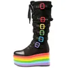 Colorful thick-soled platform breathable cowhide lace-up Martin boots woman rainbow platform sole belts buckle lace up high boot H1116