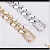 Link, Armbänder Schmuck1 Hip Hop Micro Paved Zirkonia Bling Iced Out Square Cuban Miami Gliederkette Armreif Für Männer Rapper 14Mm