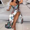 Women Sexy Tie Front Strapless Party Dress Elegant Floral Print Off Shoulder Dresses Lady Two Piece Set Slit Long Dress Vestidos X0521