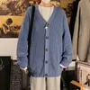 Man cardigan solid enkel ins chic v-hals stickade tröjor manlig all-match mjuk casual ulzzang oversize koreanska stil streetwear y0907