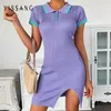 Yissang Button Knitted Cotton Sweater Summer Dress Women Stripe Short Sleeve Bodycon Dresses Female Casual Split Sexy 20211