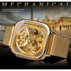 メンズメカニカルウォッチ自動自己風黄金の透明ファッションメッシュスチール腕時計スケルトン男性男性