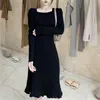 Kimutomo Kadınlar Katı Örme Elbise İlkbahar Sonbahar Zarif Moda Bayanlar Kare Yaka Ince Bel Puf Kol Vestido Knitwear 210521