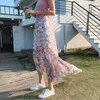 Grön och rosa blommig kjolar A-typ oregelbunden Ruffled Maxi Jupe Femme Sommar Hög midja Tryckt Chiffon Kjol 10012 210508