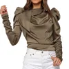 Women's Ladies Fashion Satin Tops Bow Neck Long Puff Sleeve Outwear Shirt Blouse Elegant Pleated Solid Soft Clothes Blouses & Shirts