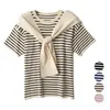 Women's T-Shirt 2021 Summer Striped Round Collar Navy Shawl Short Sleeves Thin Knit Top Web Celebrity Korean Small Blouse Woman