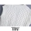 TRAF Femmes Fashion avec boutons Coup de câble Cadre-tricot Pull Vintage V tanné Vilde Femelle Gaistte Chic Tops 210415