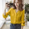 Blusas Sonbahar V Yaka Uzun Puf Kol Katı kadın Bluz Çizgili Dantel Tops Hırka Artı Boyutu Beyaz Sarı Gömlek 11087 210521