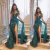 Sexy vert foncé charmante sirène robes de bal chérie coudre les robes de soirée divisées sur-écarts avec des perles appliquées en dentelle de train détachable robe formelle arabe 403