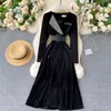 Dame mode retro boor pak kraag fluwelen jurk vrouwen lange mouw hoge taille elegante kleding vestidos p852 210527