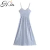 HSA kvinnor sommar klänningar ärmlös band vestidos v nacke blå och vit randig avslappnad pläterad sommar robe boho 210716