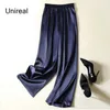Unireal Summer Women Wide Leg Pants High Waist Casual Trousers Streetwear Black Silk Satin Elegant Long Palazzo 210915