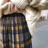 Brown Yellow Plaid Elastic Waist Pleat Ruched Winter Autumn A Line Empire Midi Skirt Casual Mori Girl S0120 210514